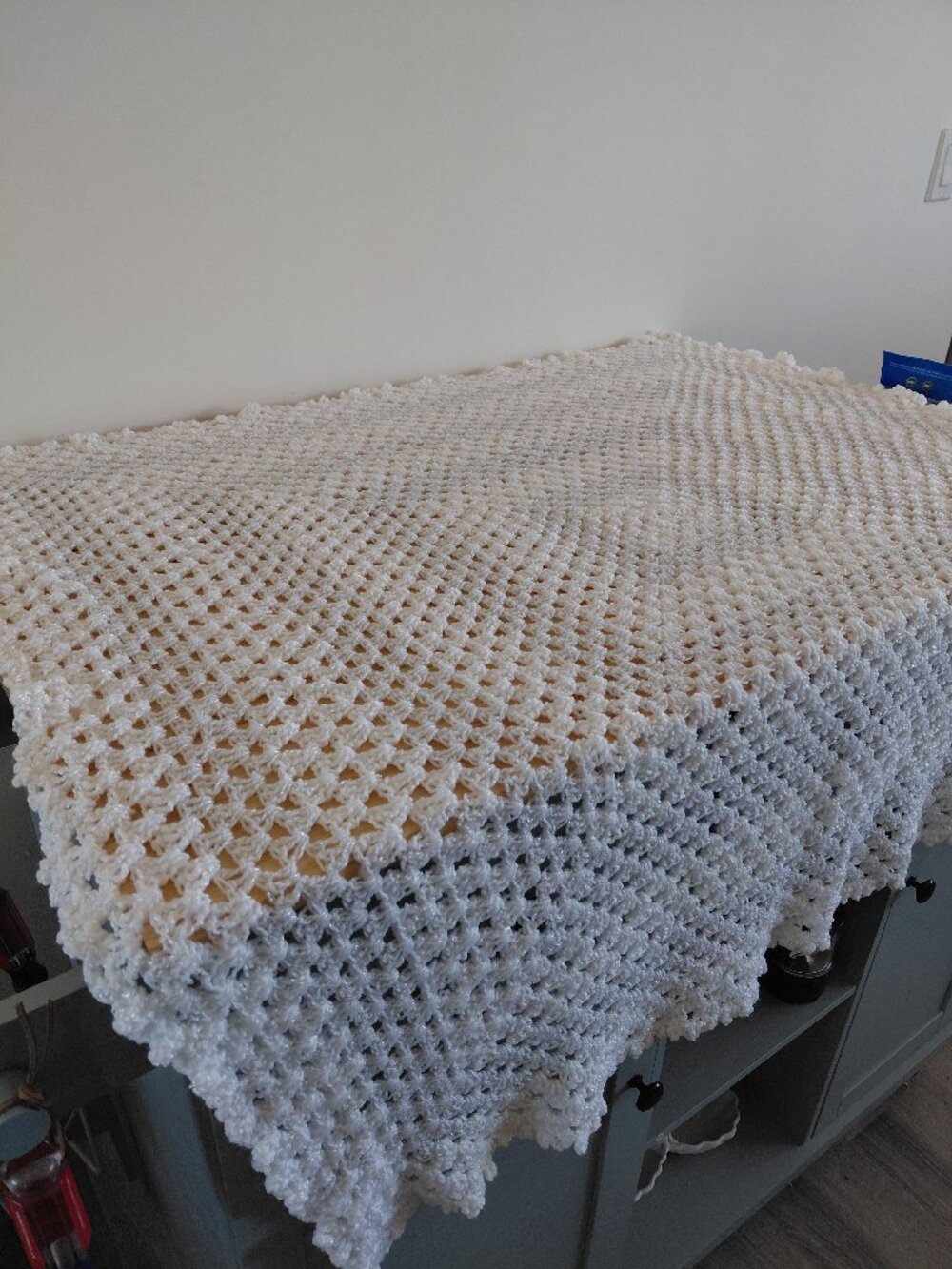 New Hand-Crocheted Baby Blanket (White/Silver)